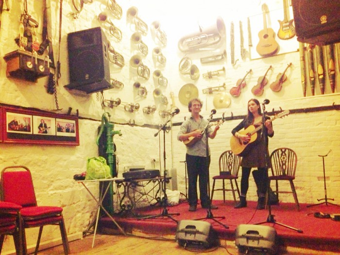 Soundchecking at Trowbridge Folk Club, tour 3